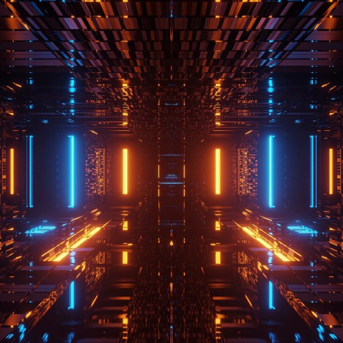 3D rendering abstract futuristic background with glowing neon blue and orange lights